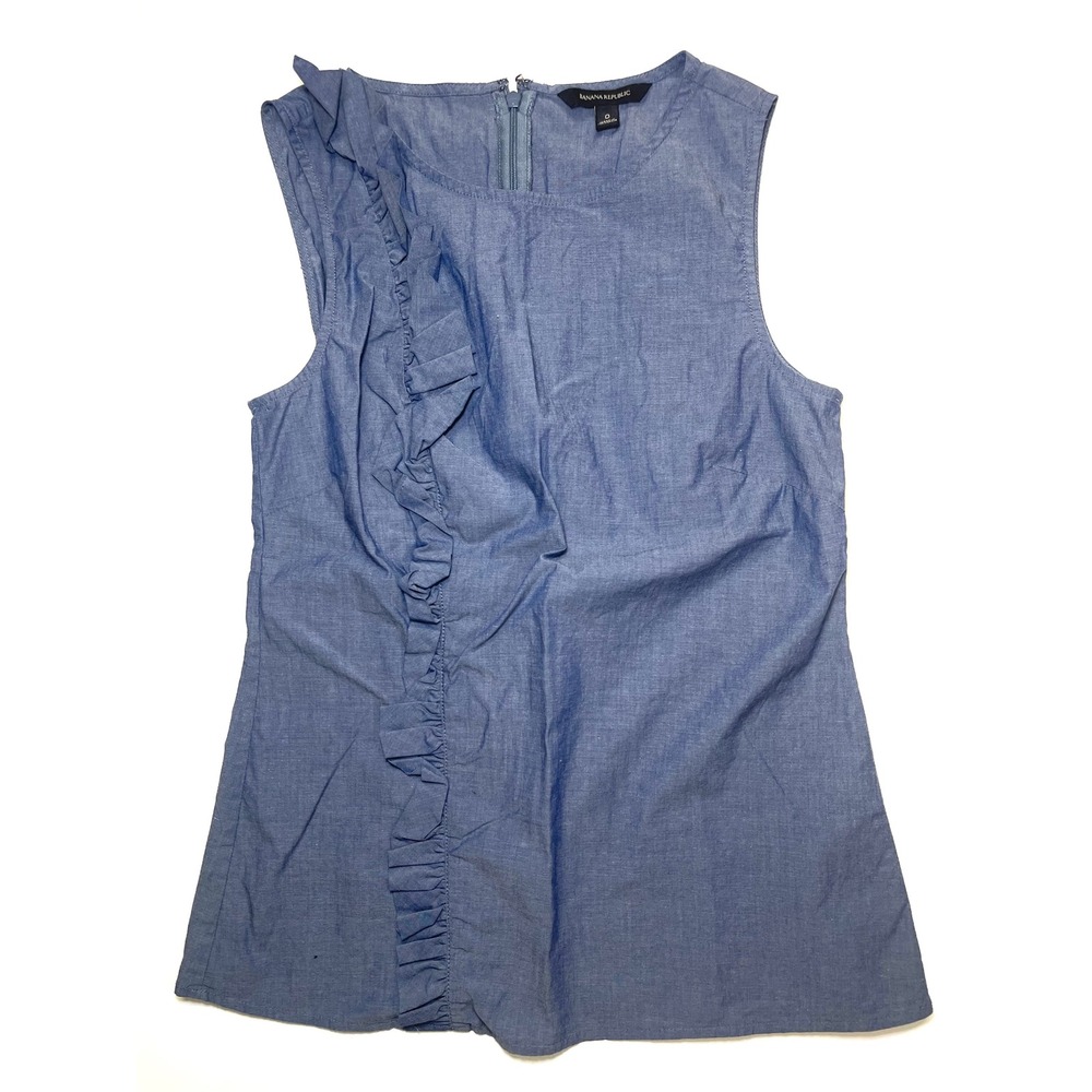 Banana Republic Womens Blue Chambray Ruffle Front Sleeveless Blouse Top Size 0